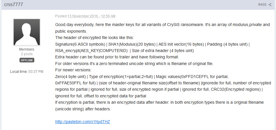 CrySis ransomware master key