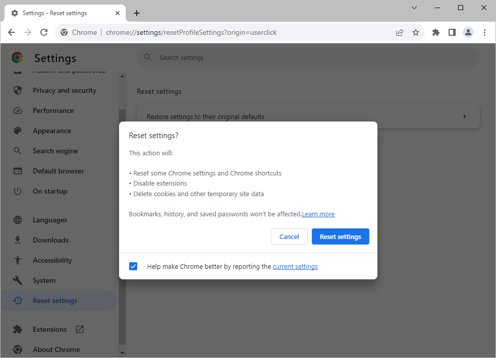 Reset Google Chrome to default settings